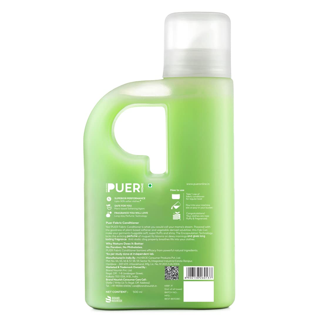Brand Nourish Puer Plant Based Fabric Conditioner| Jasmine Grandeur | Long Lasting Fragrance & 30% Extra Softness | Eco-Friendly & Plant Powered (500Ml), Liquid
