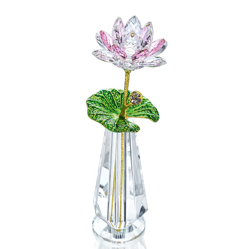 H&D HYALINE & DORA Sparkle Crystal Lotus Flower Figurine Handmade Glass Lotus Flowers Art Wedding Decor, Feng Shui Home Table Decor