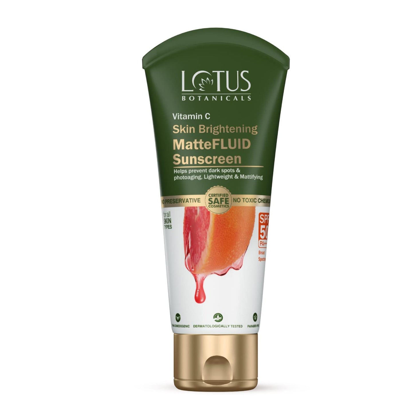 LOTUS BOTANICALS Vitamin C Skin Brightening Mattefluid Sunscreen Spf 50 Pa+++ 100X Vitamin C Uva/B Sun Protection Brightens Skin No White Cast Water Resistant All Skin Types For Men & Women