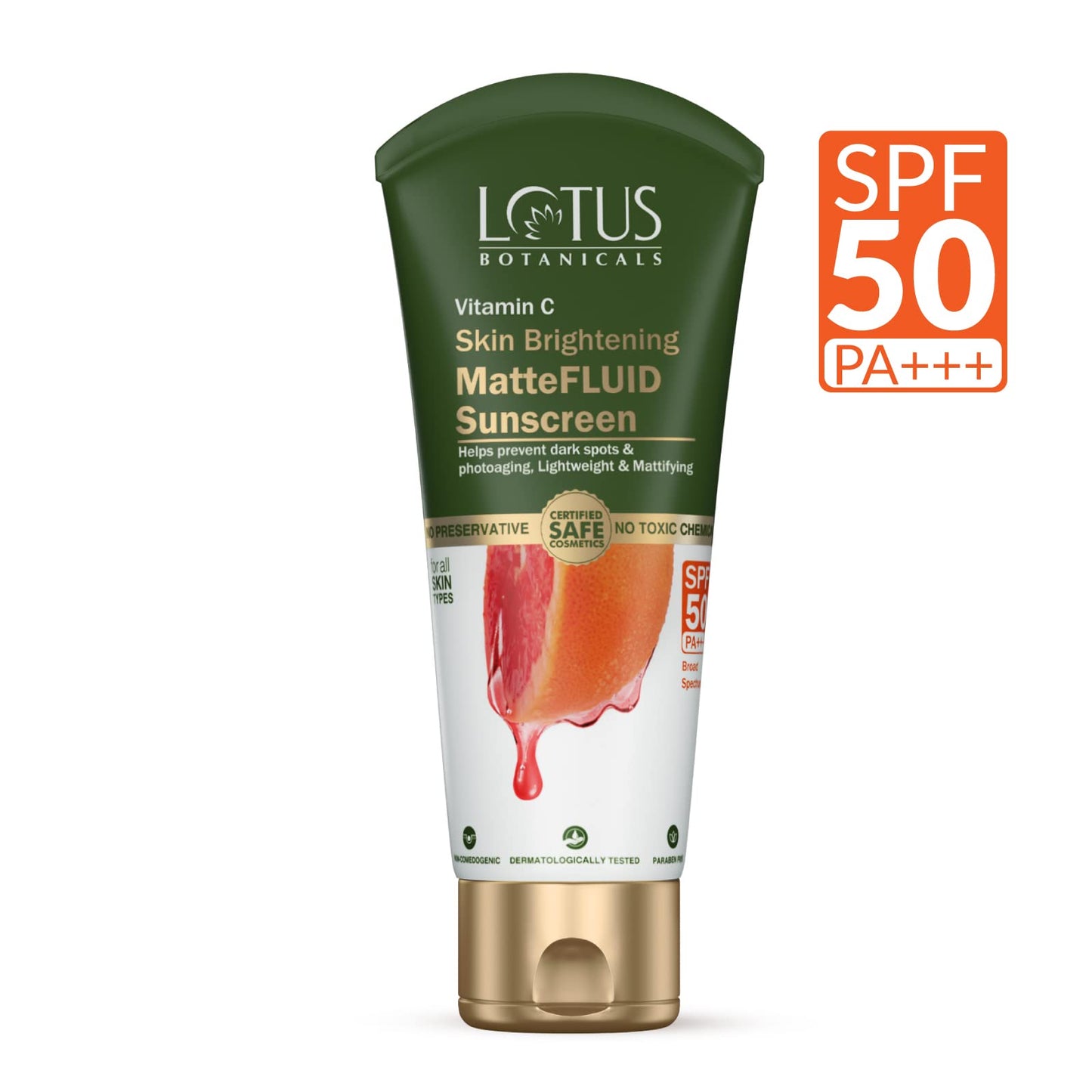 LOTUS BOTANICALS Vitamin C Skin Brightening Mattefluid Sunscreen Spf 50 Pa+++ 100X Vitamin C Uva/B Sun Protection Brightens Skin No White Cast Water Resistant All Skin Types For Men & Women