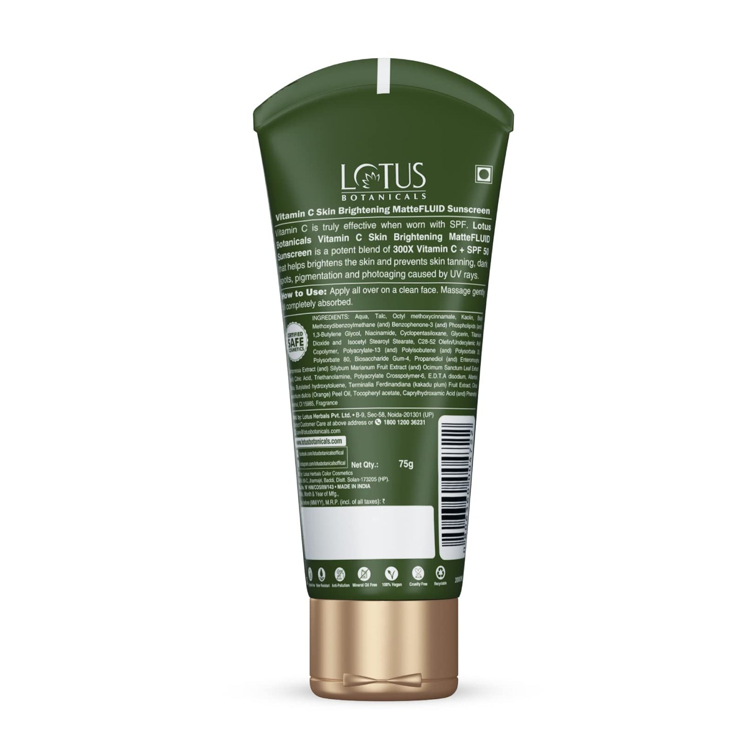 LOTUS BOTANICALS Vitamin C Skin Brightening Mattefluid Sunscreen Spf 50 Pa+++ 100X Vitamin C Uva/B Sun Protection Brightens Skin No White Cast Water Resistant All Skin Types For Men & Women
