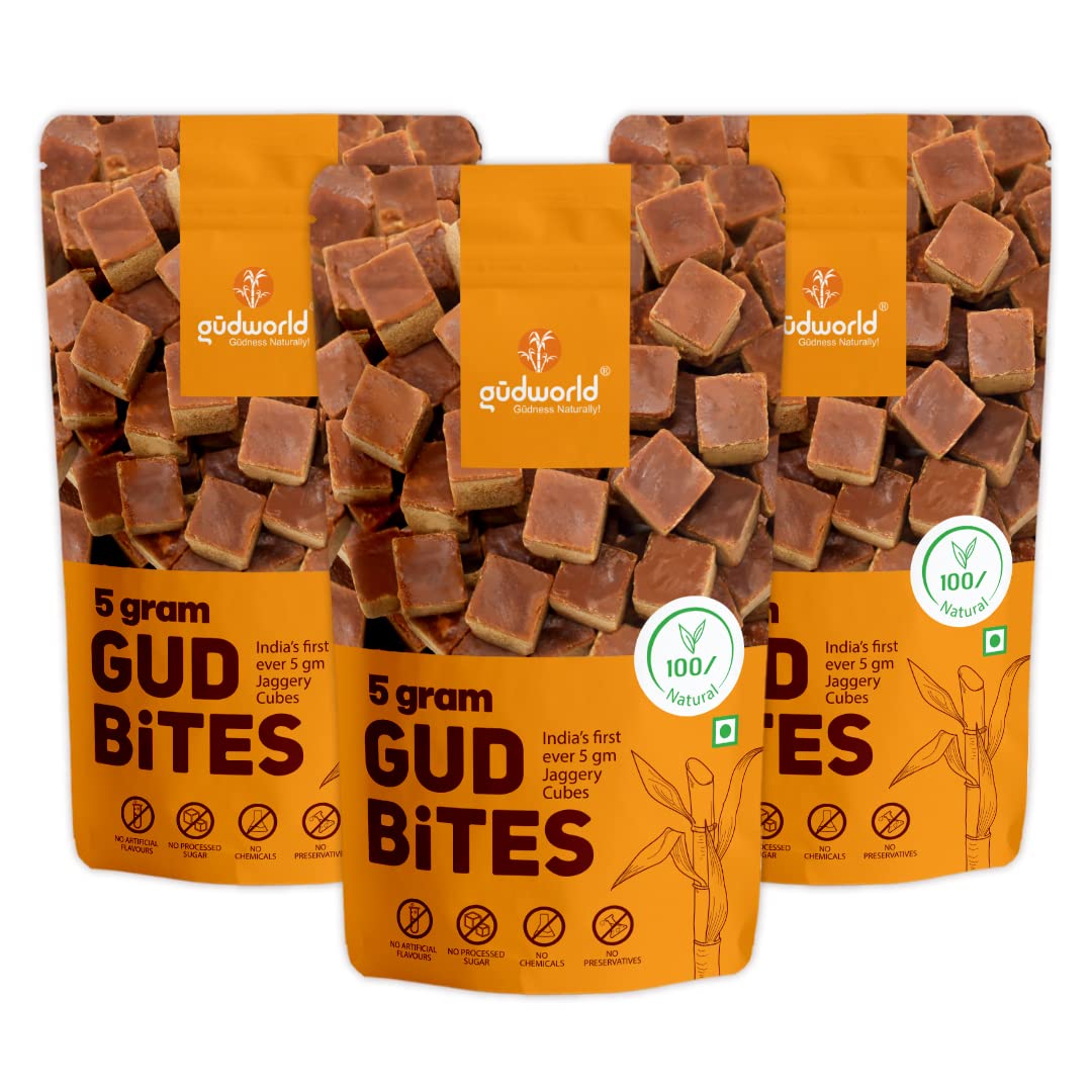 Gudworld Jaggery Cubes I 5 Gram Gud Bites I 750 gm (Pack of 3 x 250 gm) I Sugarcane Jaggery I Bite Size Small Jaggery Cubes I Gud I Healthy Sugar Alternative I Natural Jaggery I Chemical Free Jaggery