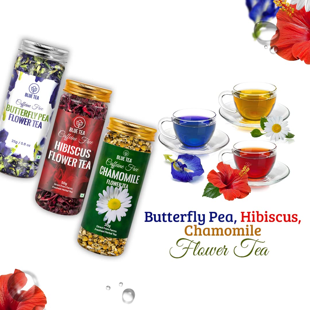 BLUE TEA - 3 in 1 Combo | Butterfly Pea Flower Tea - 25g, Hibiscus Tea - 50g, Chamomile Tea - 30g | For Weight Loss, Skin Glow, Sleep | Caffeine Free - Herbal Tea - Flower Based - Non Bitter | Featured In Shark Tank | Reusable Pet | Gift Pack