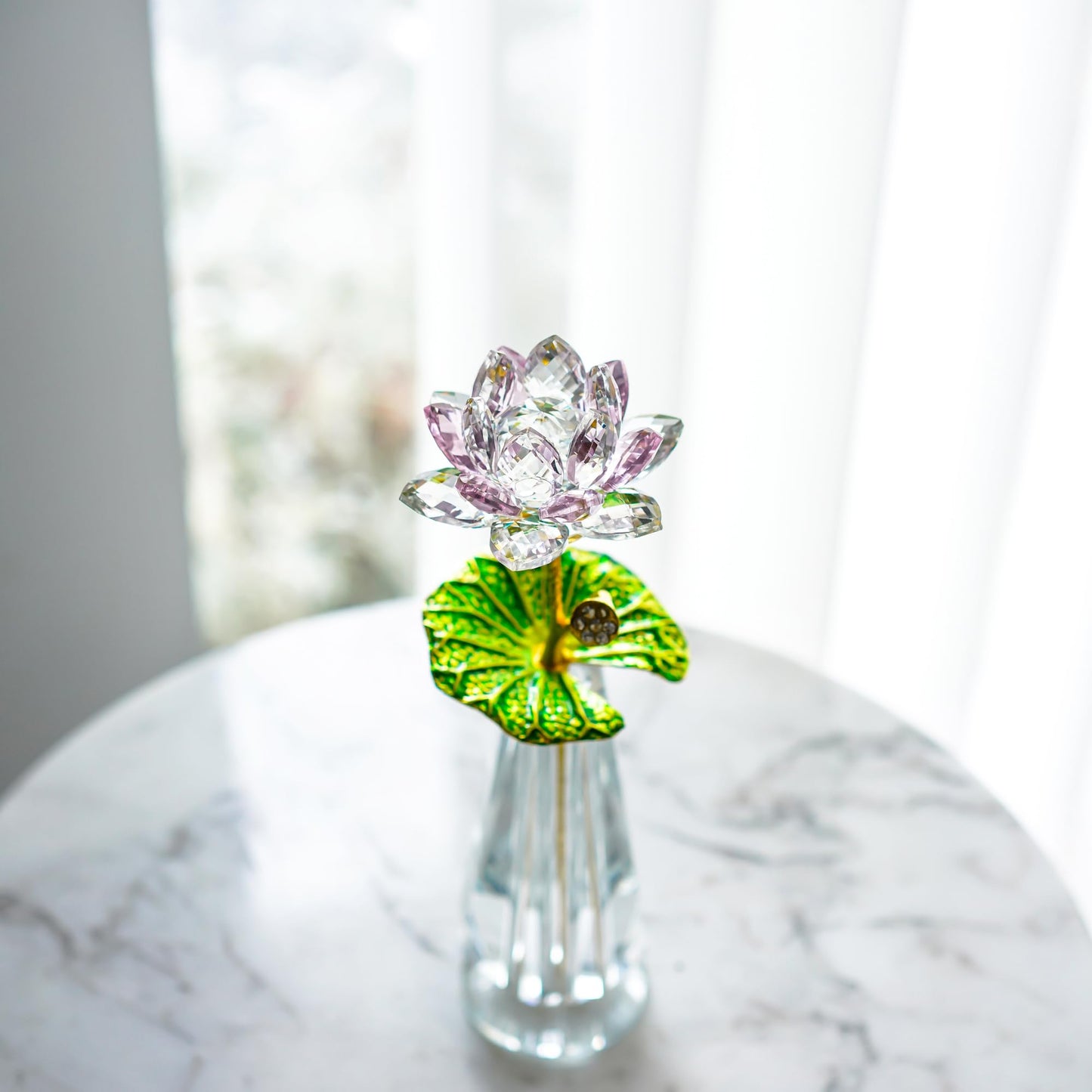 H&D HYALINE & DORA Sparkle Crystal Lotus Flower Figurine Handmade Glass Lotus Flowers Art Wedding Decor, Feng Shui Home Table Decor