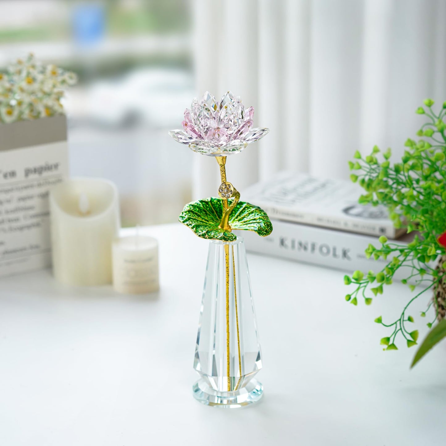 H&D HYALINE & DORA Sparkle Crystal Lotus Flower Figurine Handmade Glass Lotus Flowers Art Wedding Decor, Feng Shui Home Table Decor