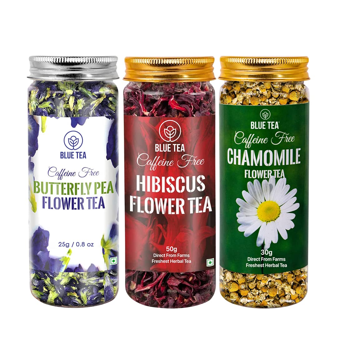 BLUE TEA - 3 in 1 Combo | Butterfly Pea Flower Tea - 25g, Hibiscus Tea - 50g, Chamomile Tea - 30g | For Weight Loss, Skin Glow, Sleep | Caffeine Free - Herbal Tea - Flower Based - Non Bitter | Featured In Shark Tank | Reusable Pet | Gift Pack