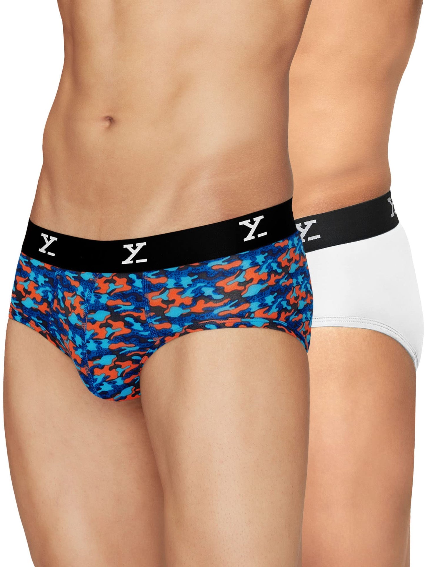 XYXX Men's Underwear Shuffle IntelliSoft Antimicrobial Micro Modal Brief Pack of 2 (Camo Blue & Orange ; White; M)