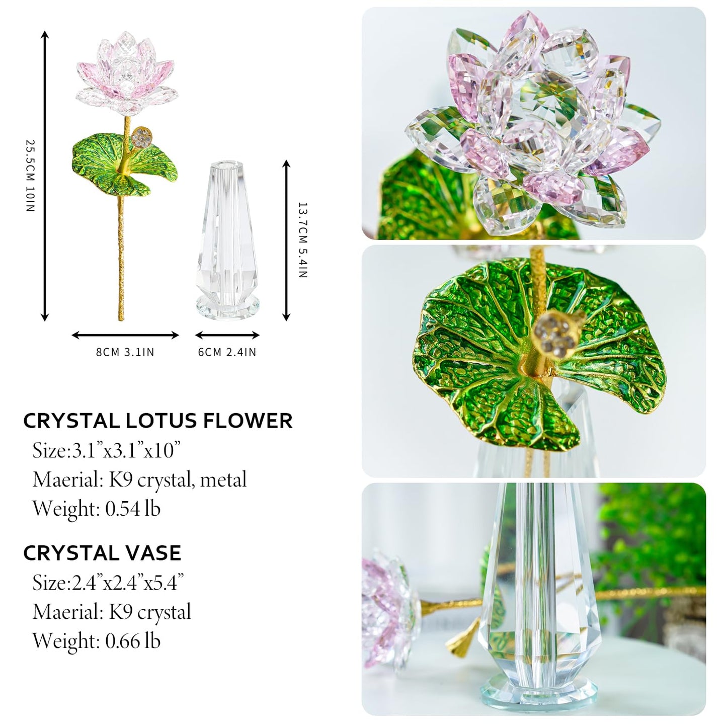 H&D HYALINE & DORA Sparkle Crystal Lotus Flower Figurine Handmade Glass Lotus Flowers Art Wedding Decor, Feng Shui Home Table Decor