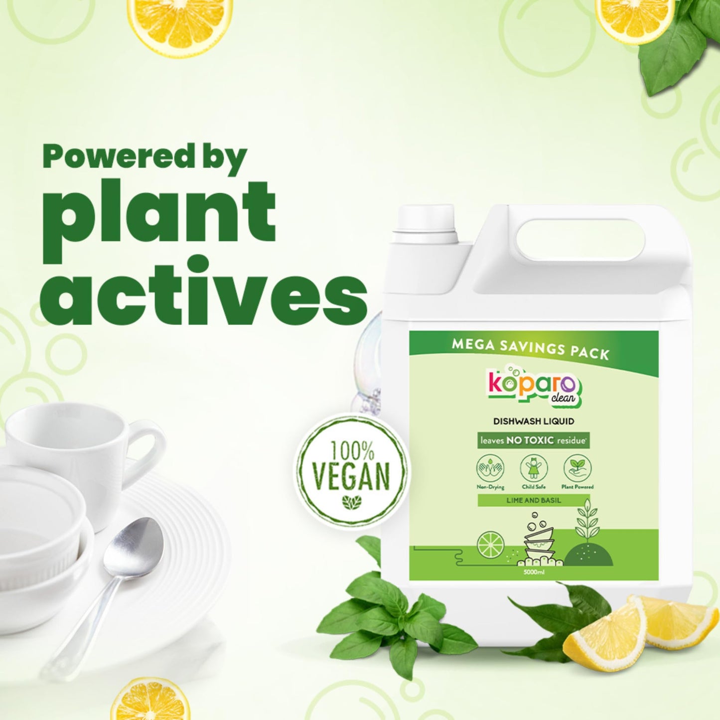 Koparo Organic Dishwash Liquid | 5 Litres | Lime And Basil Fragrance | Natural, Plant Based & Eco-Friendly | Removes Tough Grease, Soft on Hands | Baby & Pet Safe