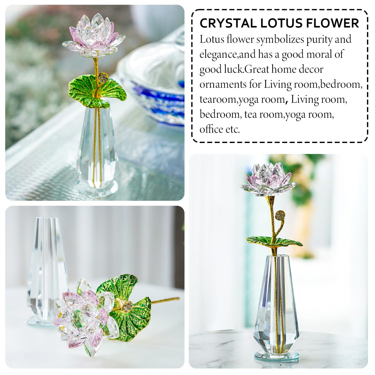 H&D HYALINE & DORA Sparkle Crystal Lotus Flower Figurine Handmade Glass Lotus Flowers Art Wedding Decor, Feng Shui Home Table Decor