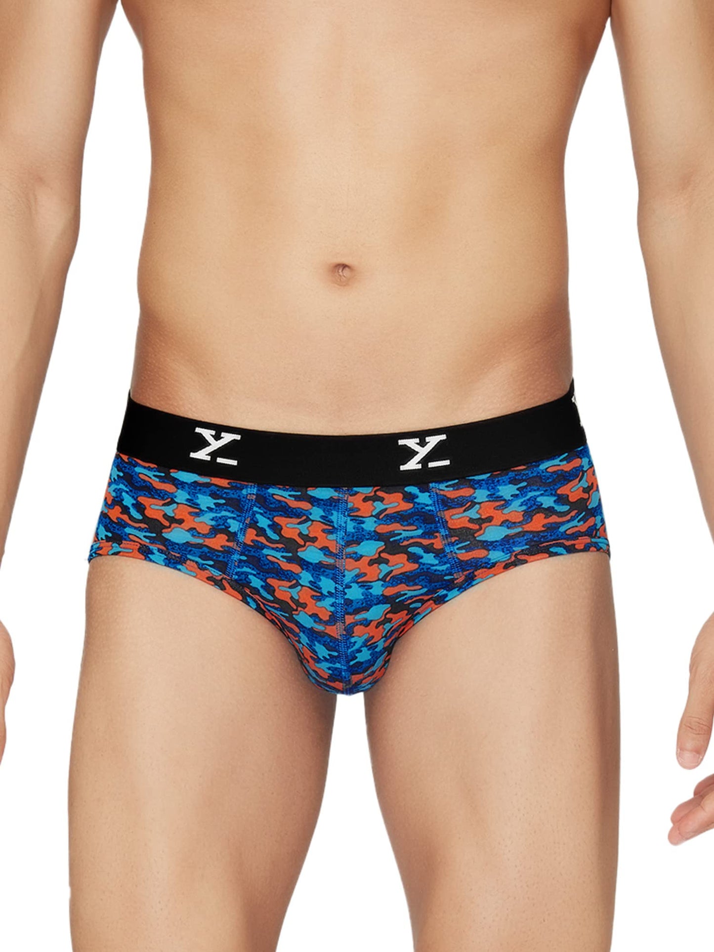 XYXX Men's Underwear Shuffle IntelliSoft Antimicrobial Micro Modal Brief Pack of 2 (Camo Blue & Orange ; White; M)