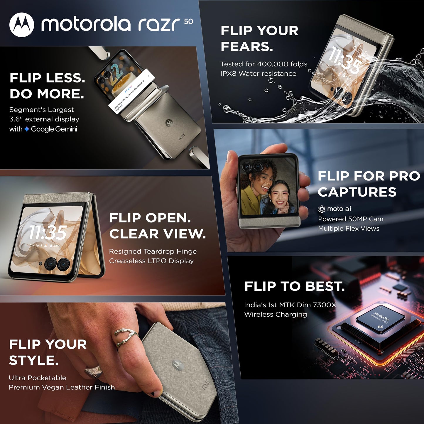 Motorola razr 50 (Beach Sand, 8GB RAM, 256GB Storage) | 3.6" External AMOLED Display | 6.9" AMOLED 120Hz Display | 32MP Selfie Camera