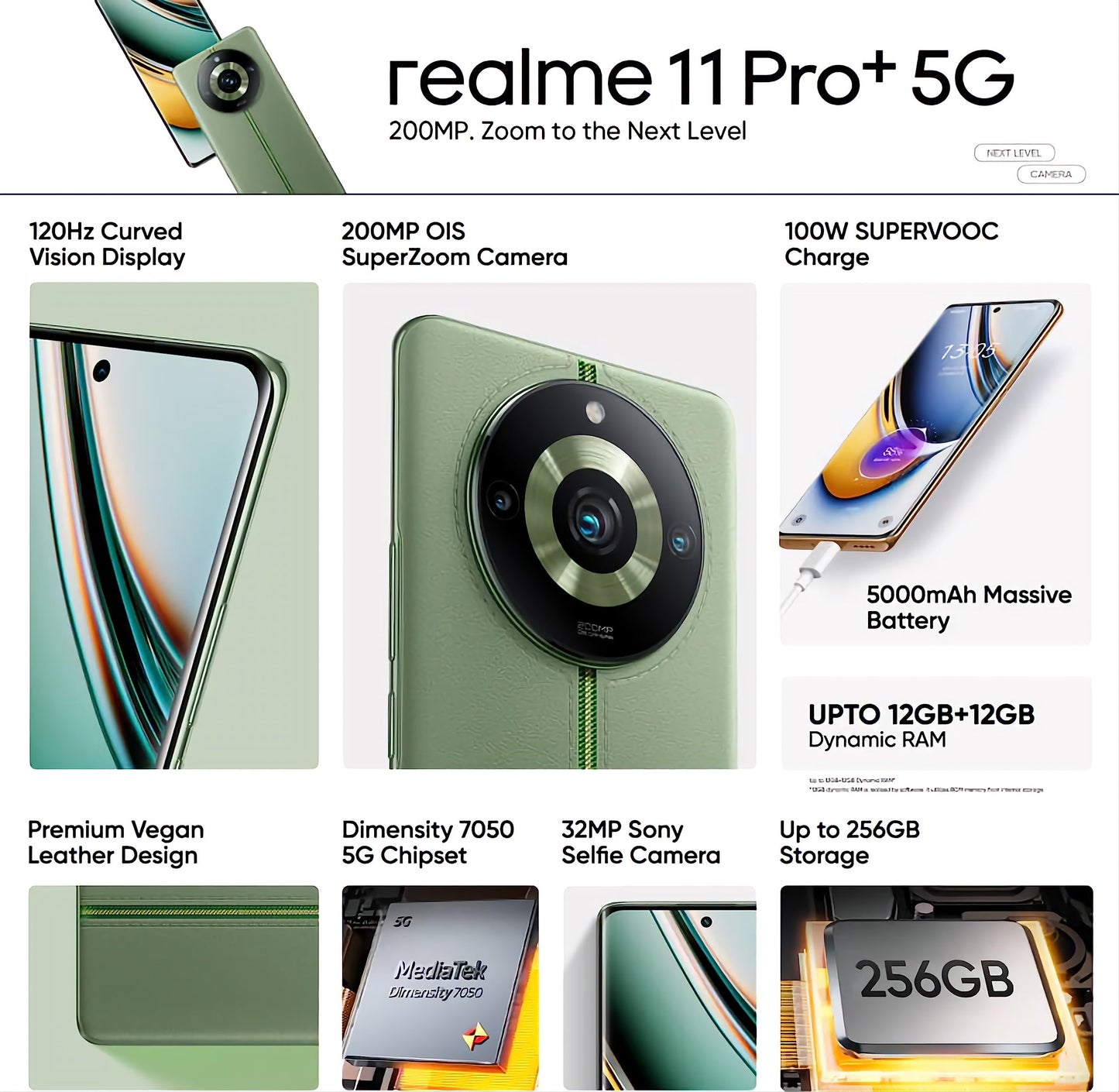 realme 11 Pro+ 5G (Oasis Green, 8GB RAM, 256GB Storage) | 120 Hz Curved Display | 200MP Prolight Camera | 7050 5G Dimensity | 100W SUPERVOOC | 12GB Dynamic RAM | Premier Vegan Leather Finish Design