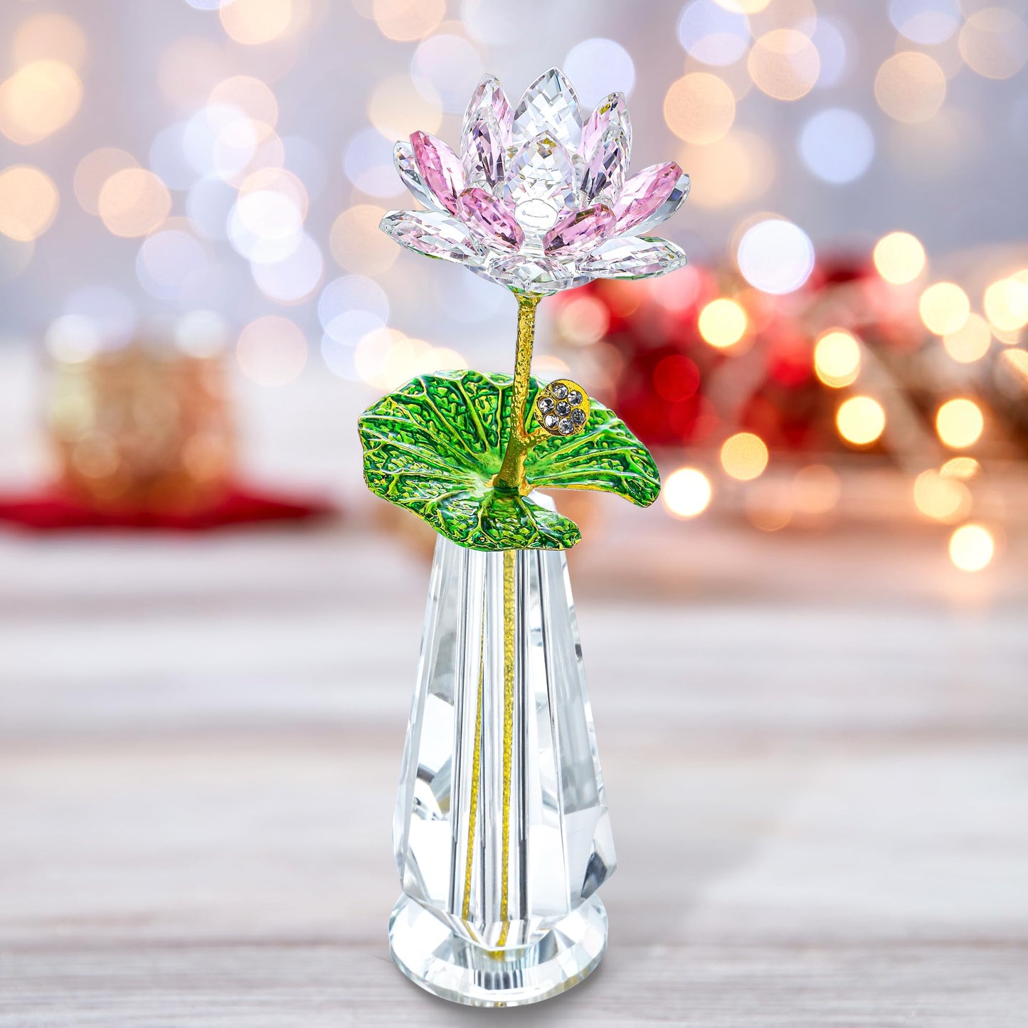 H&D HYALINE & DORA Sparkle Crystal Lotus Flower Figurine Handmade Glass Lotus Flowers Art Wedding Decor, Feng Shui Home Table Decor