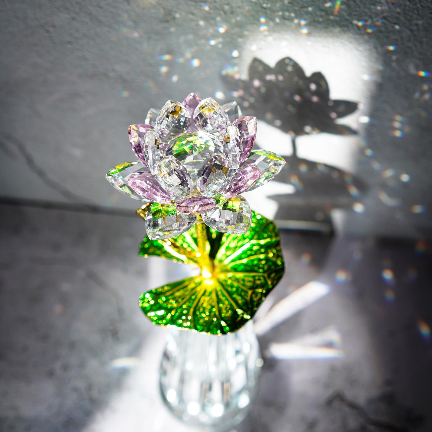 H&D HYALINE & DORA Sparkle Crystal Lotus Flower Figurine Handmade Glass Lotus Flowers Art Wedding Decor, Feng Shui Home Table Decor