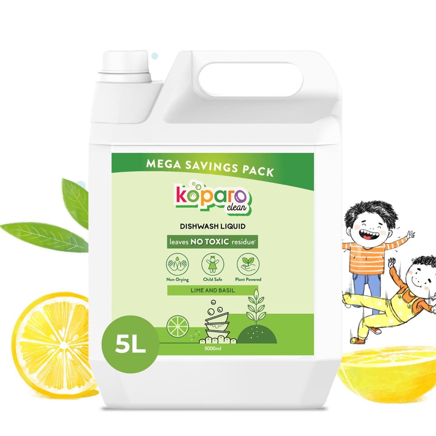 Koparo Organic Dishwash Liquid | 5 Litres | Lime And Basil Fragrance | Natural, Plant Based & Eco-Friendly | Removes Tough Grease, Soft on Hands | Baby & Pet Safe