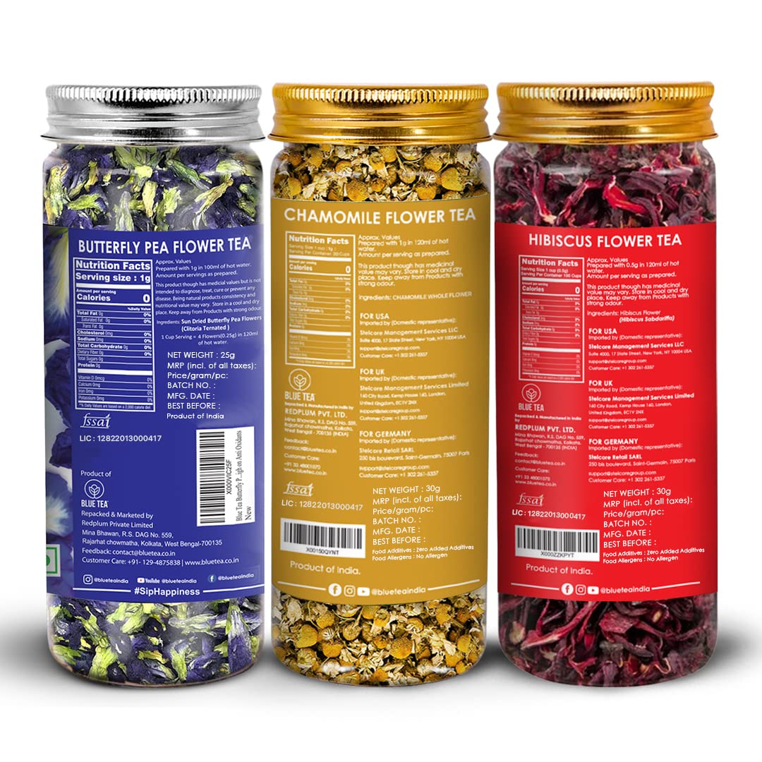 BLUE TEA - 3 in 1 Combo | Butterfly Pea Flower Tea - 25g, Hibiscus Tea - 50g, Chamomile Tea - 30g | For Weight Loss, Skin Glow, Sleep | Caffeine Free - Herbal Tea - Flower Based - Non Bitter | Featured In Shark Tank | Reusable Pet | Gift Pack